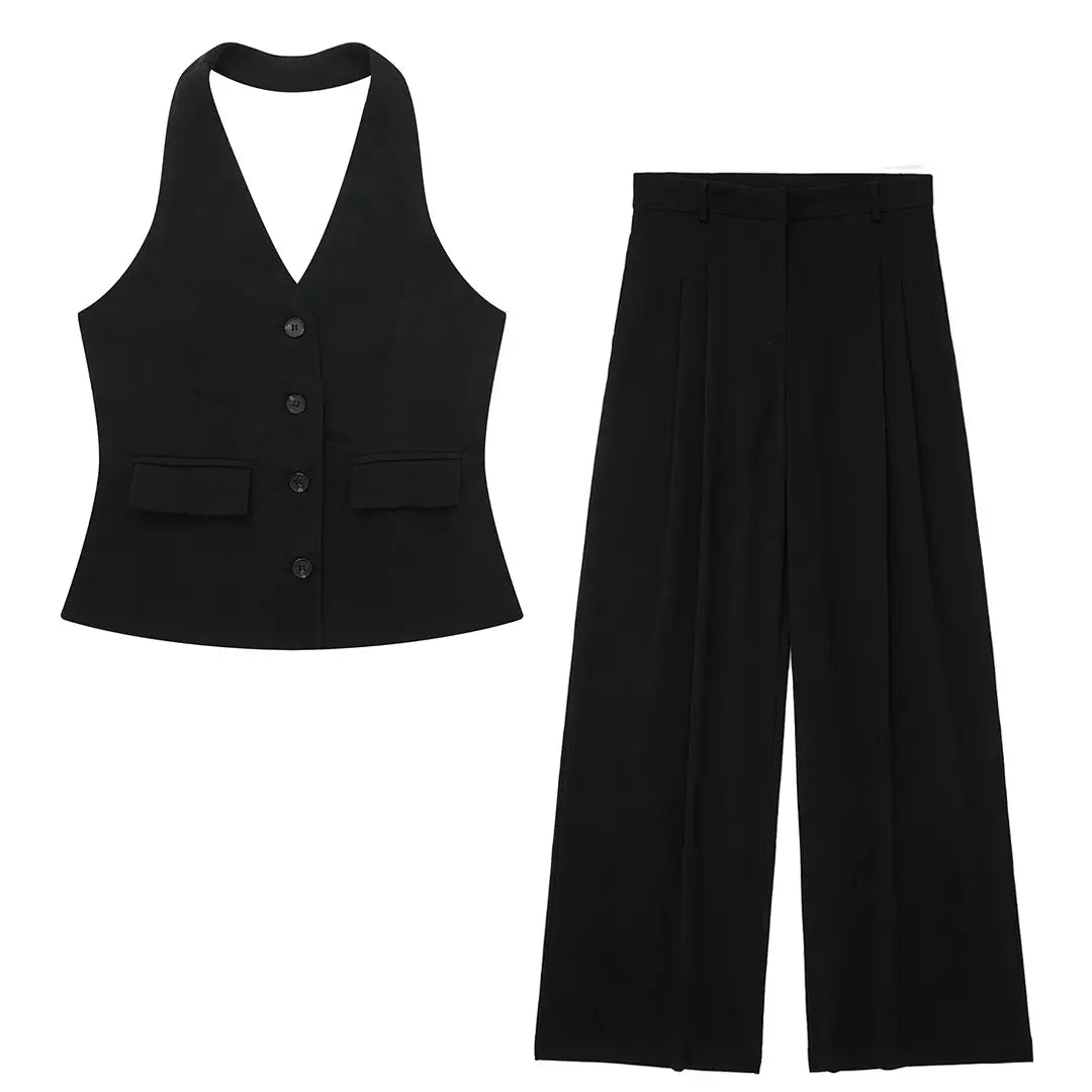 TRAFZA Women Fashion Solid Pant Suit Halter Single Breasted Sleeveless Blazer Vest Top Zipper Fly Trousers Office Lady Sets