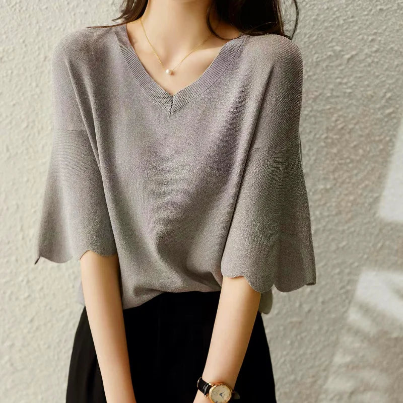 Women's Summer Knitted Shirt Petal Sleeve V-neck Solid Tops Loose Short Sleeve Ice Silk Sweater Fashion Women Shirt 14799