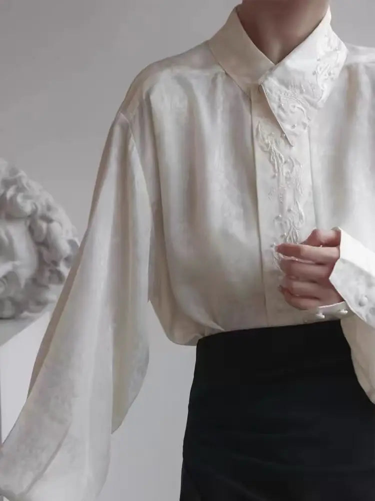 Chinese Style Women's Shirts Vintage Embroidered Blouse Heavy Industry Long Sleeve White Shirt Elegant Ladies Clothes Tops 2024