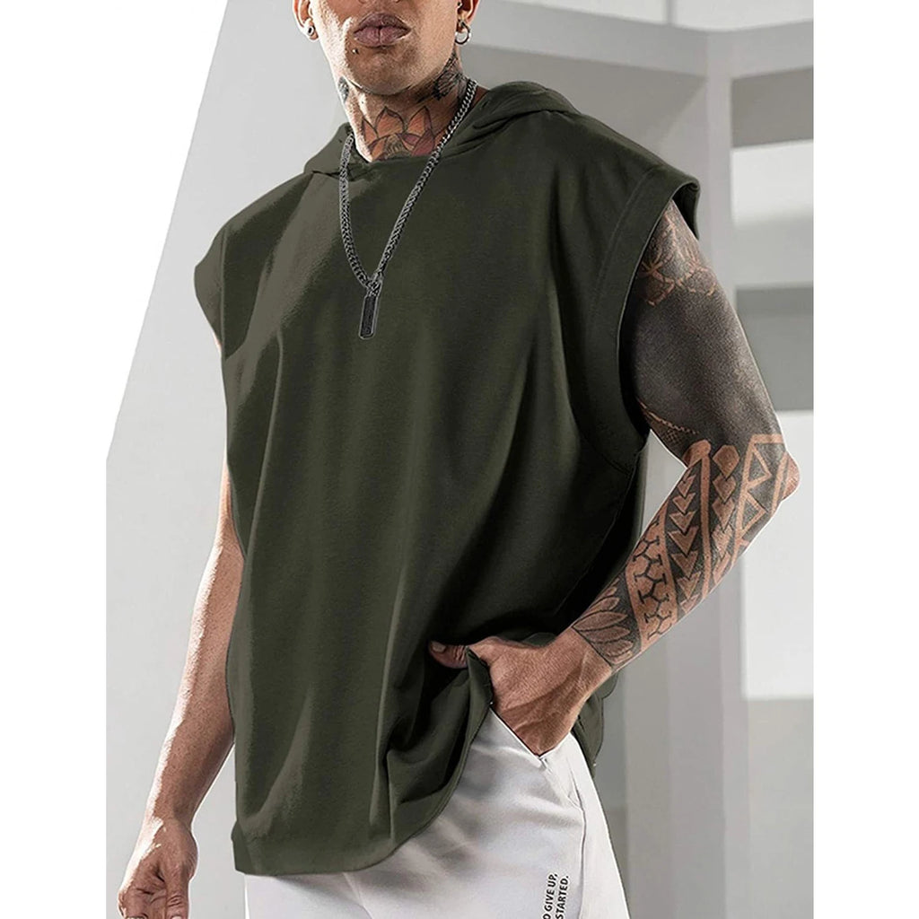 2025 Men Tank Top  Fitness Training Pullover Leisure Fashion Sleeve Men's Hooded Vest Solid Color Tank Tops For Male