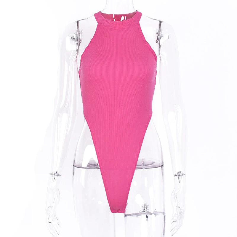 Women Ladies Sexy Sleeveless Solid Color High Cut Slim Skinny Bodycon Club Beach Fashion Halter Bodysuits Leotard Tops Rompers