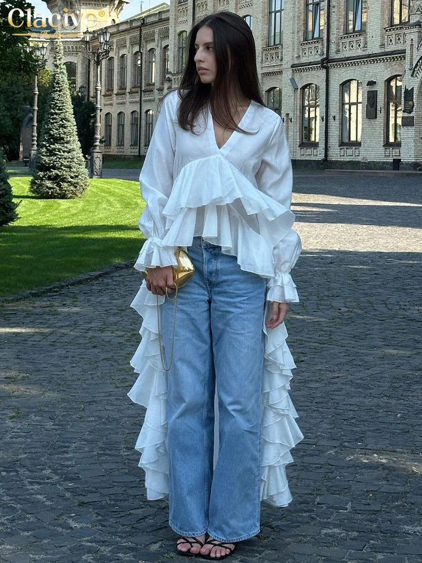 Clacive Sexy Loose White Women's Shirt 2025 Fashion V-Neck Long Sleeve Shirts Elegant Ruffle Irregular Top Female Clothing