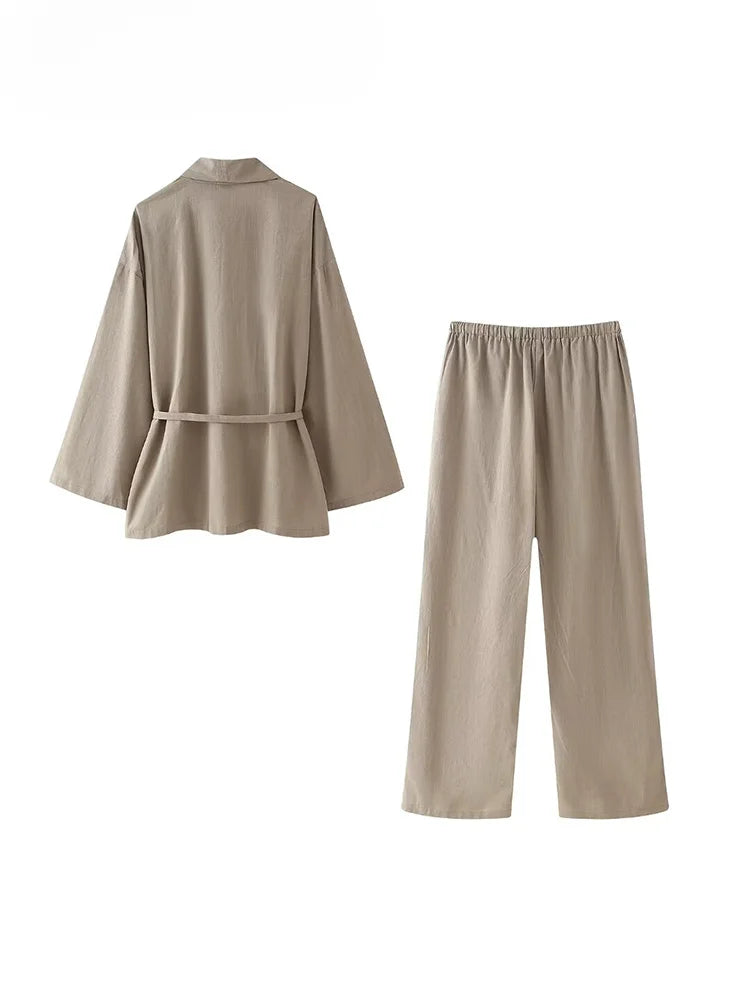 TRAF 2024 Fashion Women's Pants Suit Solid Khaki Drawstring Long Sleeve Cardgian Blouse+ Elastic Waist Wide Leg Pants Streetwear