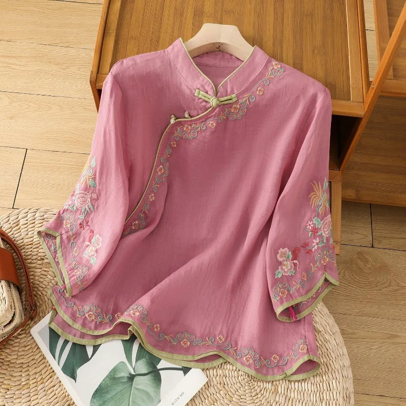 Chinese Style Women's Shirt Summer Embroidery Vintage Blouses Loose Short Sleeve Women Tops Cotton Linen Clothing 2024 Korean