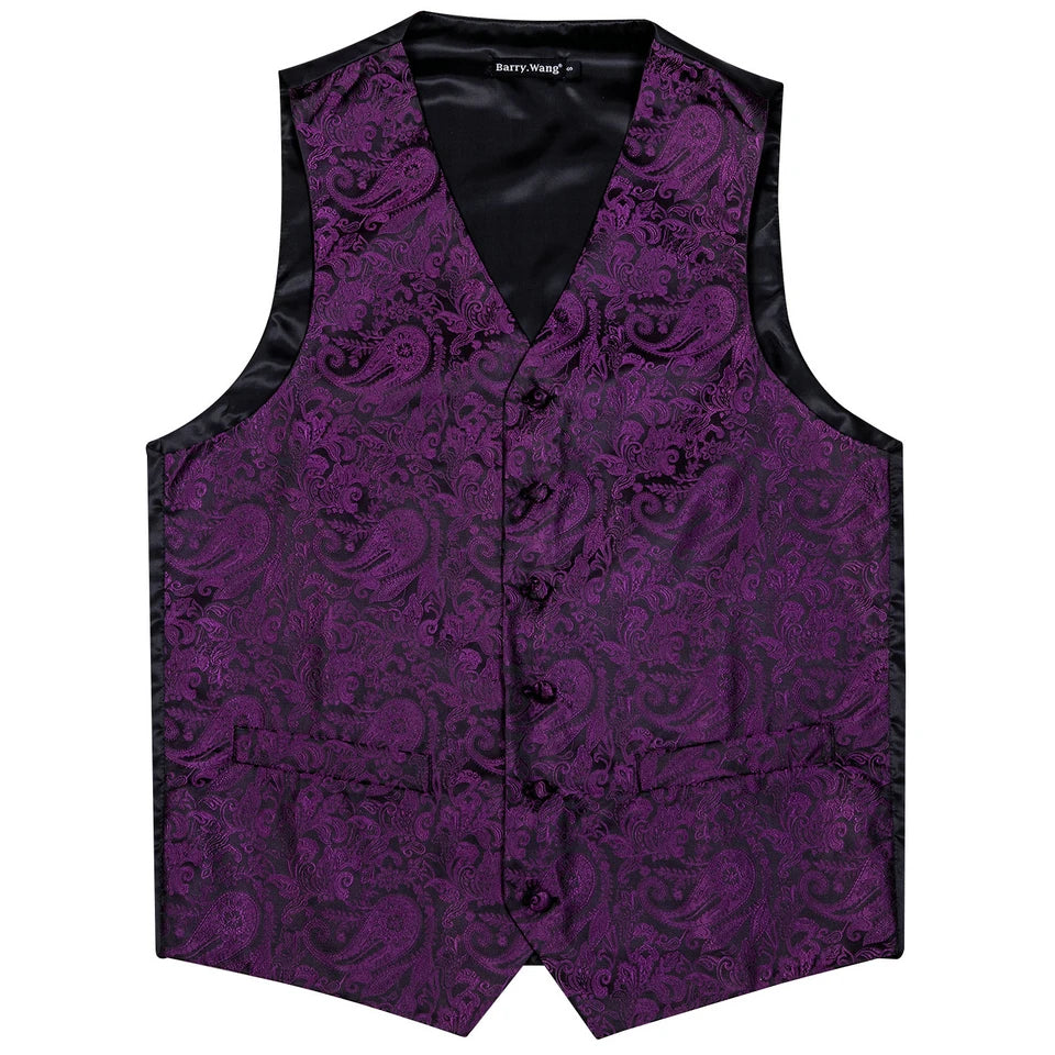 Designer Vest for Men Purple Embroidered Silk Waistcoat Tie Pocket Square Set Wedding Formal Male Suit Party Barry Wang