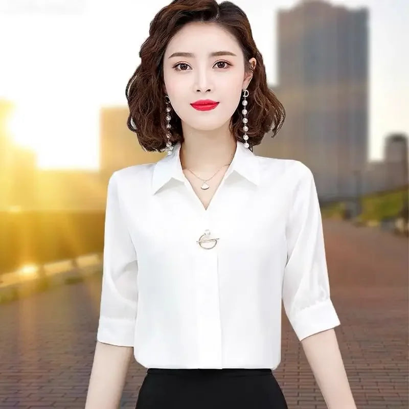 Temperament Mid Sleeved High End Professional Chiffon Shirt for Women Spring Autumn New Long Sleeved Age Reducing Western Top