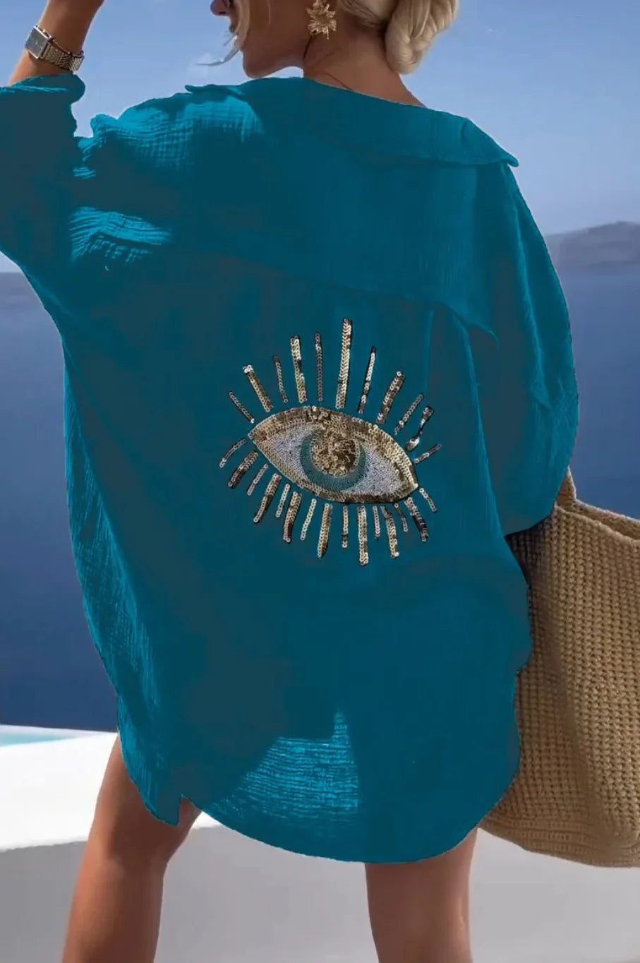 2025 Long Sleeve Loose Shirts Evil Eye Casual Sequin Beaded Shirt Spring Geometric Eye Top Turn-down Collar Button Long Blouse