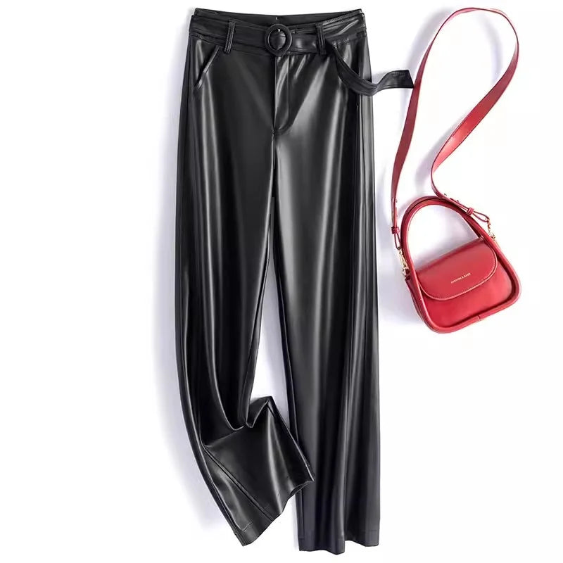 2024 Black Genuine Leather Pants Women Sheepskin Straight Pants Spring Autumn High Waist Belt Loose Real Leather Casual Trousers