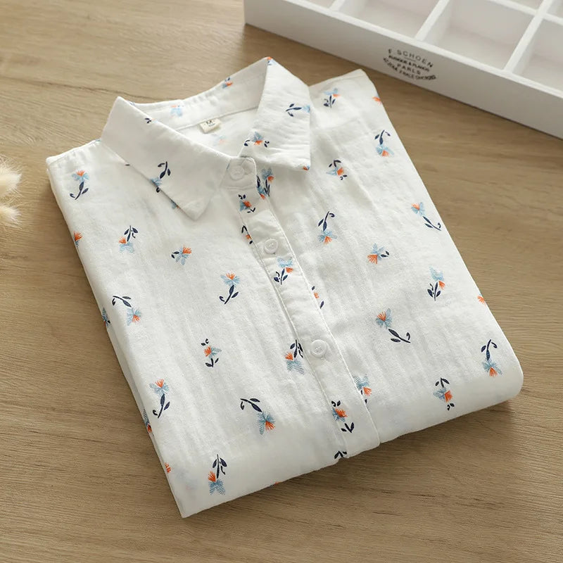 Exquisite Floral Printed Shirt Women 2024 New Sweet Fresh Style Ladies Blouses & Tops Casual Female Cotton Yarns Shirt Clothes