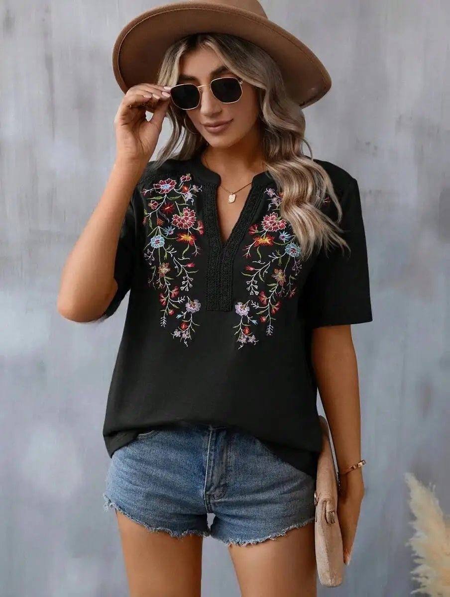 Casual Loose Floral Blouses For Women Fashion 2025 Summer Vintage Women's Short Sleeve Shirts Lace Patchwork Blouse Embroid Tops