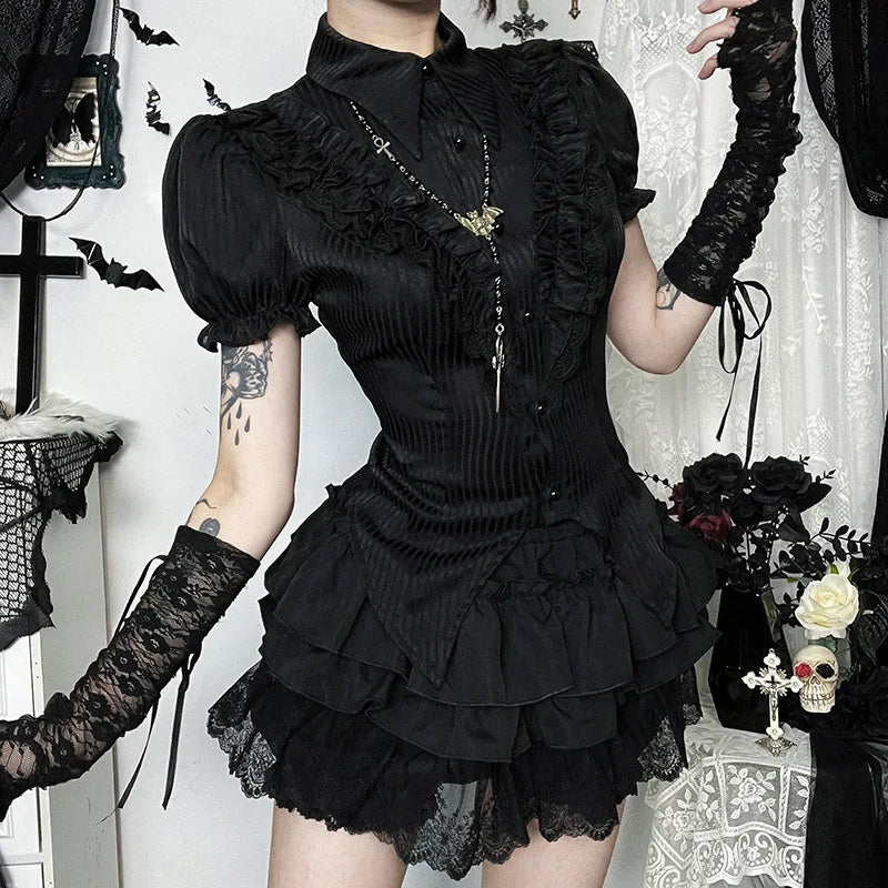 Goth Dark Kawaii Black Short Sleeve Buttons Shirt Lace-up Blouses Mall Gothic Slim Lapel Collar Stripe Shirts Women Alt Techwear