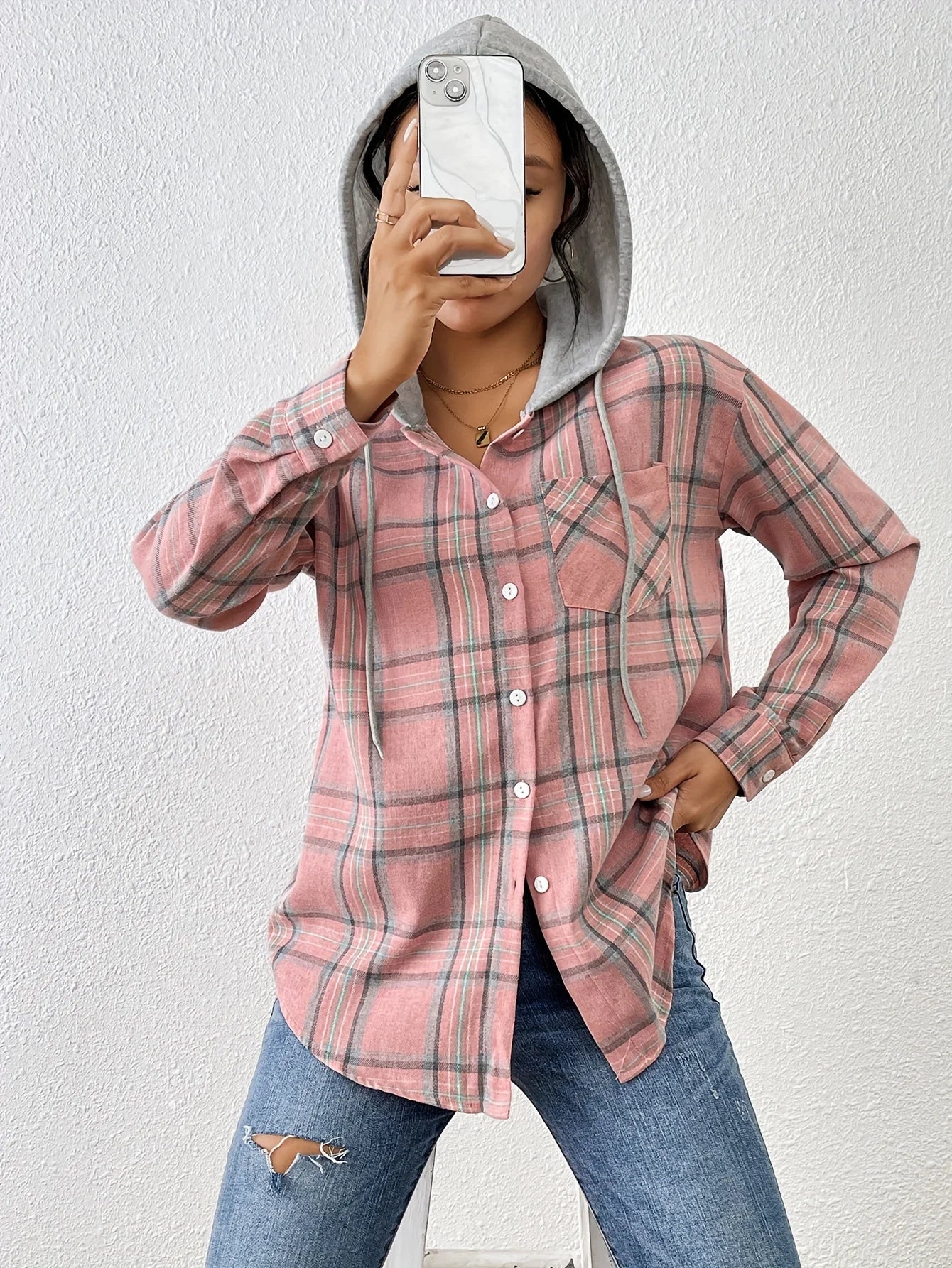 Spring Autumn Women Elegant Hooded Shirt Casual Plaid Loose Blouses Fashion Office Lady Long Sleeve Tops
