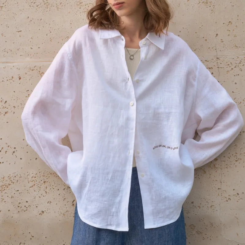 100% Linen Shirt Women 2025 Spring And Summer New Casual Lapel Sunscreen Cardigan Embroidery Long-Sleeved White Shirts