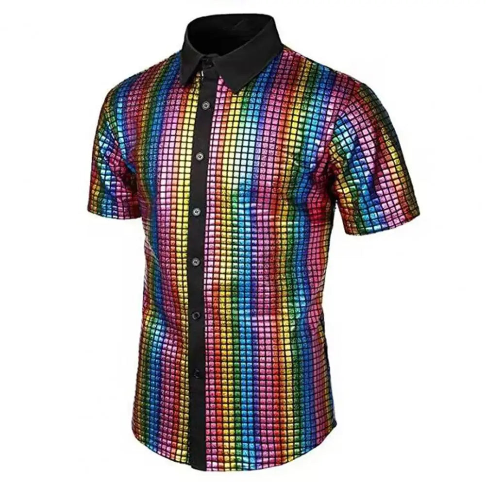 Men Club Shirt Vintage 70s Disco Men's Club Shirt with Reflective Sequins Turn-down Collar Short Sleeve Button Down for Parties