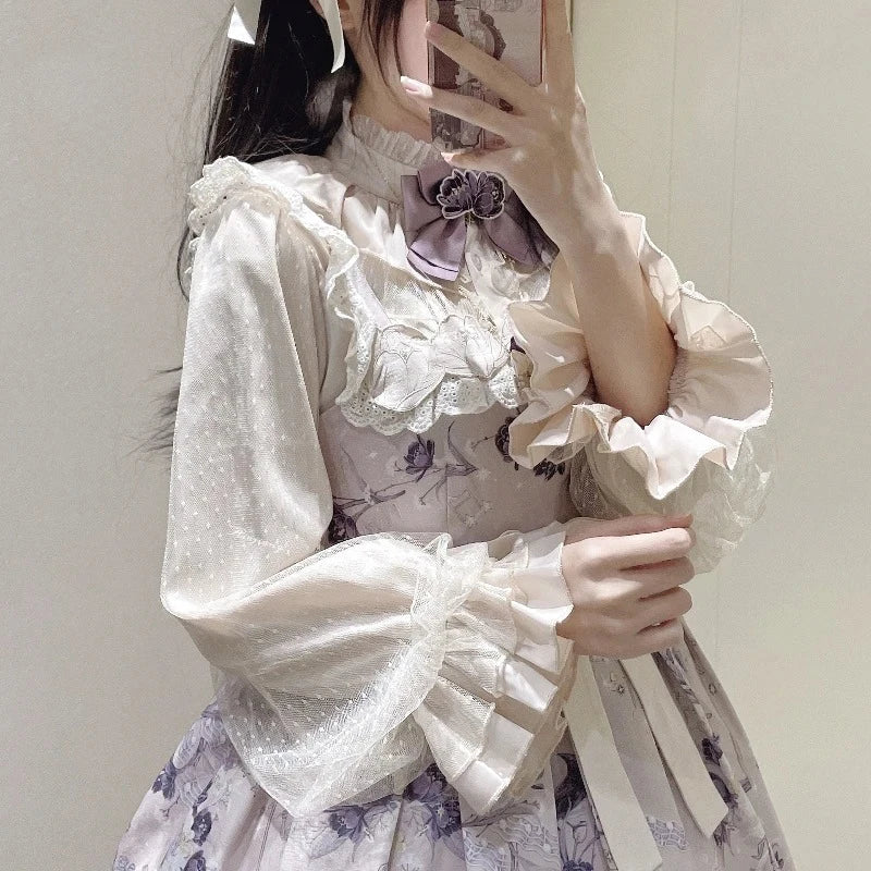 Lolita Style Gothic Y2k Shirts Women Vintage Blouses Girls  Lantern Sleeve Victorian Sweet Mesh Ruffles Tops Punk Blusas Mujer