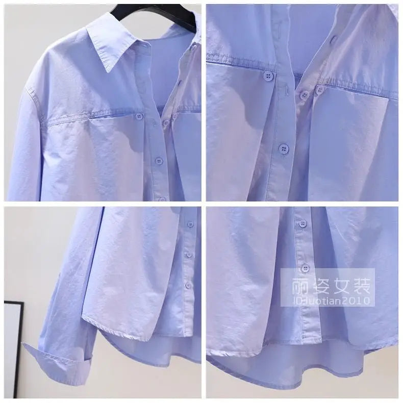 Design Sense Pleated Short Shirt, Women's Blue Loose Long Sleeved Cotton Shirt, New Top For Spring/summer 2024