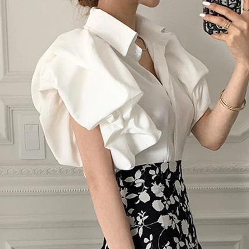 BWQ Y2K Women Chiffon Black Shirts Summer Fashion Elegant Puff Sleeve Tops Korean All Match Female Casual Blouse New