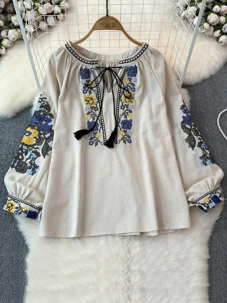 2025 Spring Retro Embroidered Shirt Top Female Lace Up Tassel Loose Lantern Sleeves Ethnic Style Blouse Female A70