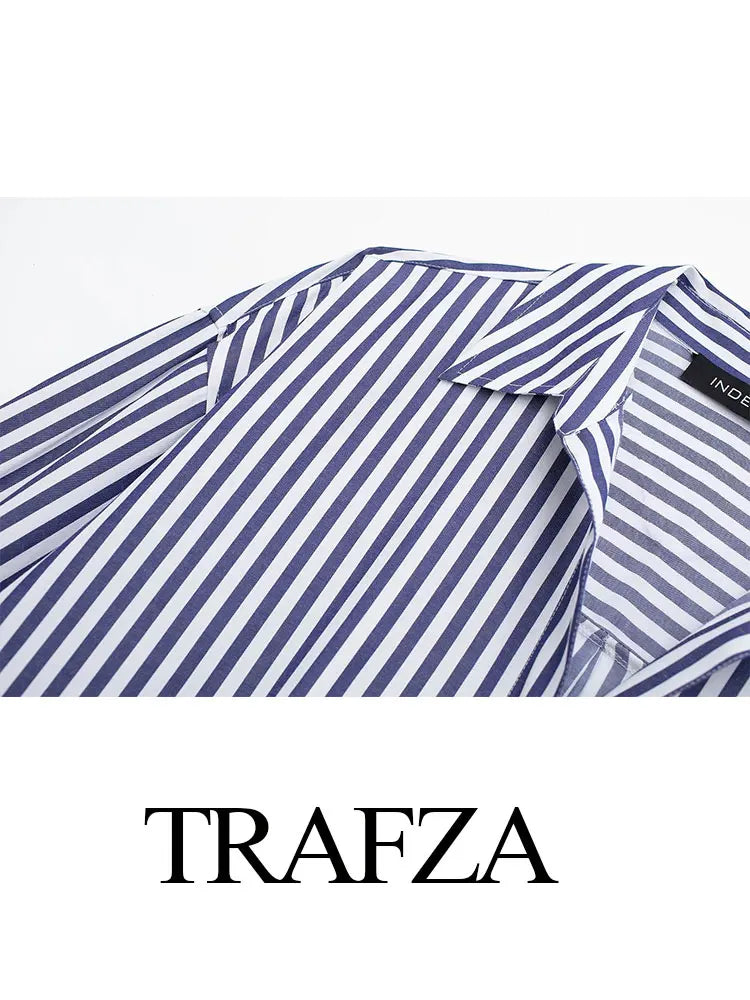 TRAFZA 2024 Spring New Women's Poplin Office Shirt Chic V Neck Single Breasted Elegant Women's Striped Casual Shirt Streetwear