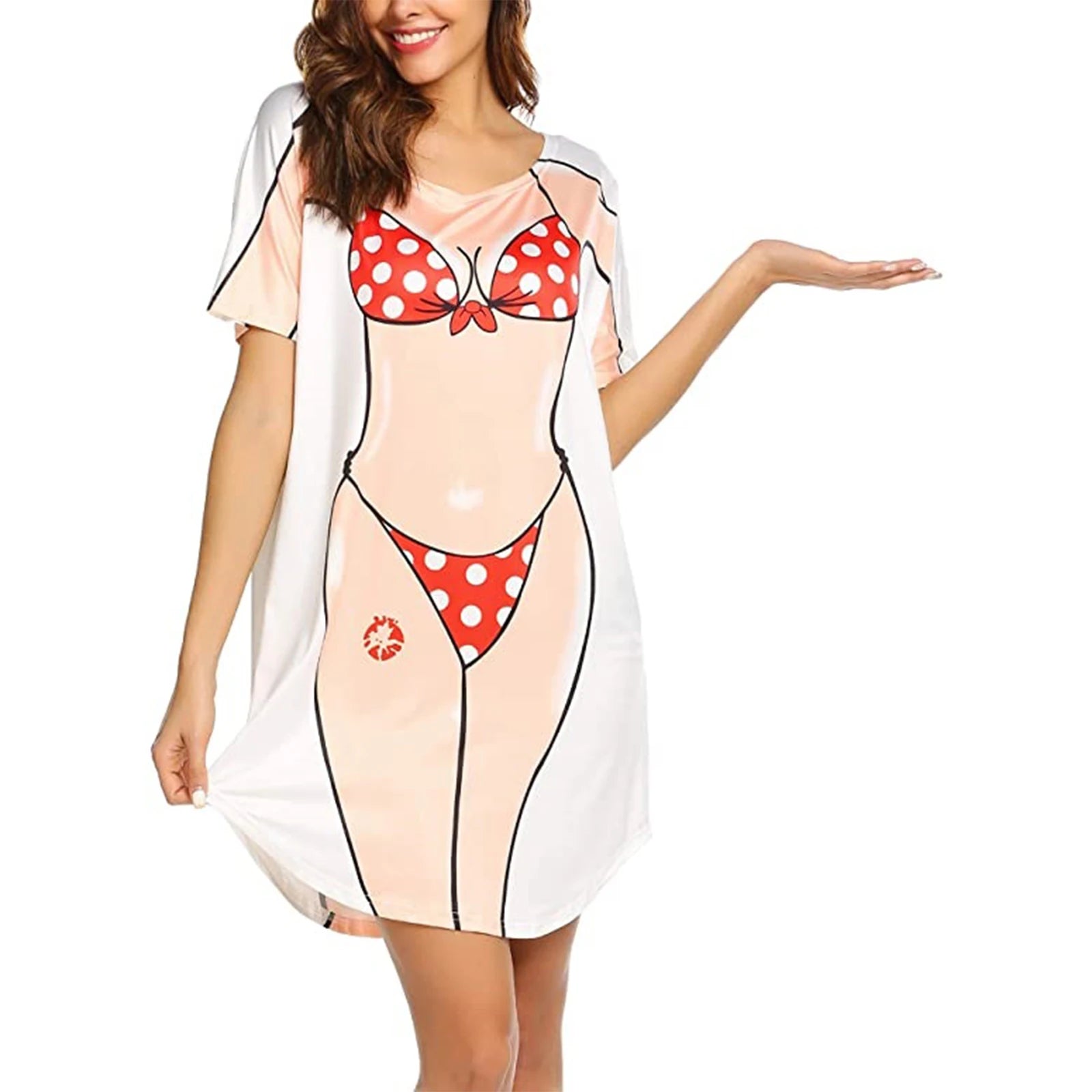 Funny Shirts for Women 3D Bikini Printed Short Sleeve Baggy T Shirt Ladies Oversized Fake Body Graphic Swimsuit Beach Coverup