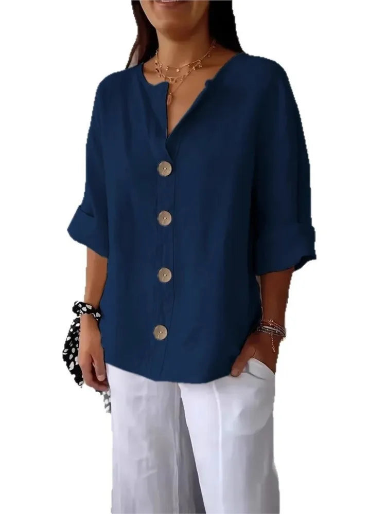 New Summer Loose Shirt Women's V-neck Cotton Linen Button Top Casual Shirts Solid Fashion Elegant Office Womens Clothing 2025