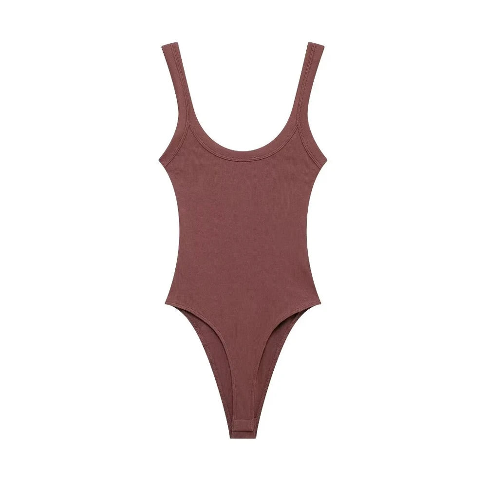 TRZA-Skinny Ribbed Bodysuits for Women, O Neck, Straps, Snap-Button, Female Playsuits, Sexy Fashion
