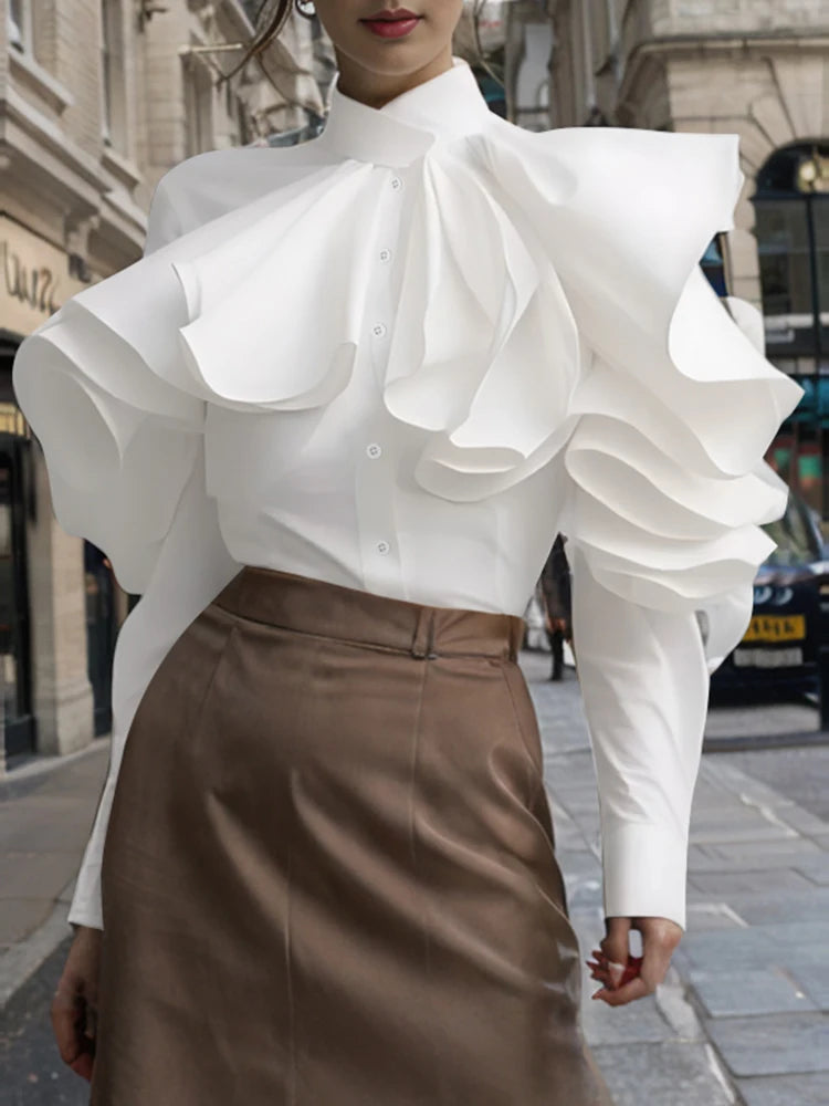 ZANZEA Elegant Office Blouse Women 2025 Fashion Ruffled Stitching Solid Shirts 3D Long Sleeve Tops Casual Loose Buttons Tunics