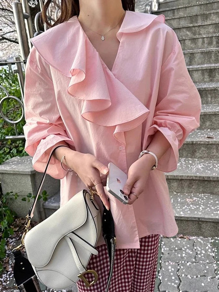 Zoki Sweet Ruffles Korean Shirts Women Loose Design V Neck Elegant Blouse Fashion Long Sleeve Spring Preppy Style Female Tops