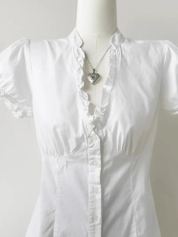 Jmpr Slim V Neck Sweet White Blouse Women Elegant Fashion Korean Short Sleeve Shirt Summer Simple Ruffles Lady Preppy Style Tops