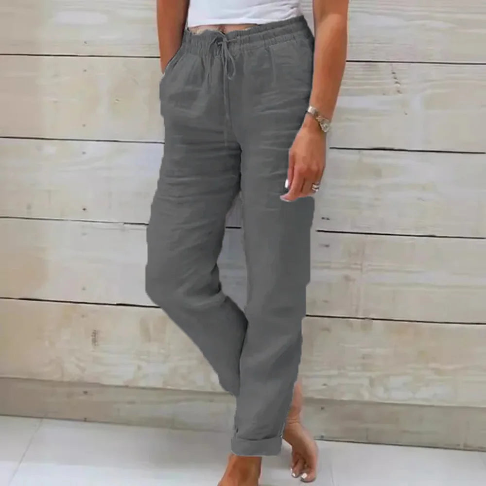 Women Summer Autumn Breathable Cotton Linen Trendy Pants Elastic Waist  Straight Leg Solid Color Female Casual Baggy Trousers