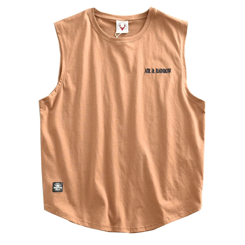 Summer New American Retro Sleeveless O-neck Letter Embroidery T-shirt Men's Fashion 100% Cotton Washed Casual Sports Vest Tops