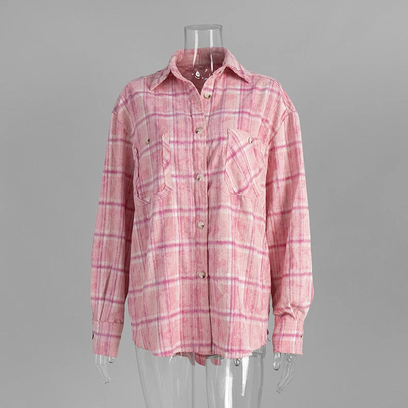 Tornova Contrast Color Plaid Print Shirt For Women Long Sleeves Lapel Single Breasted Shirt Casual Loose Summer Vacation Shirt