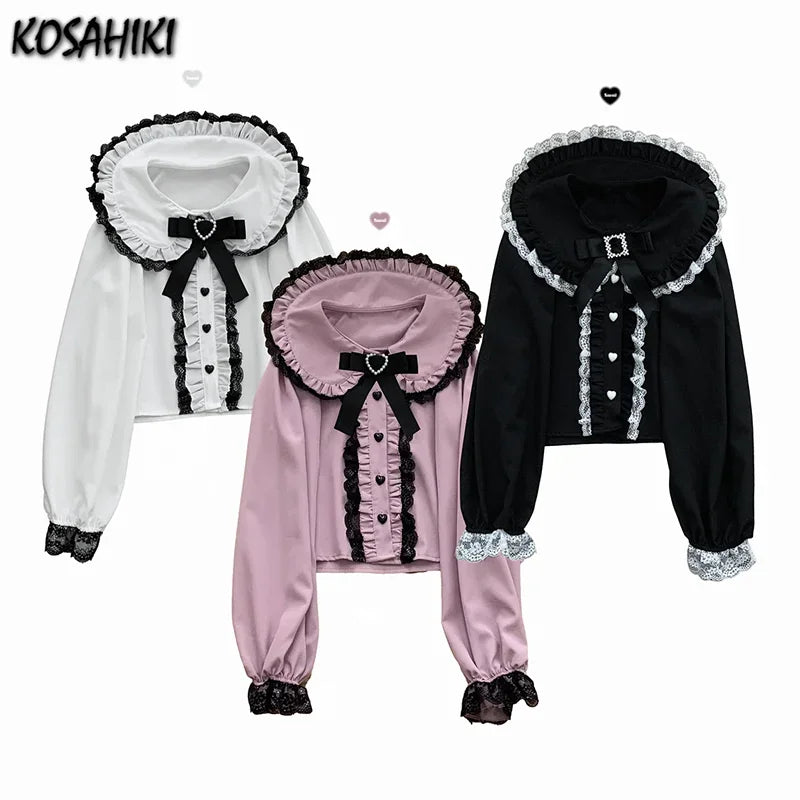 Sweet Lace Patchwork Long Sleeve Crop Top Blouse Women Japanese Y2k Harajuku Camisas JK Bow Ruffle Shirt 2025 Kawaii Blusa Femme