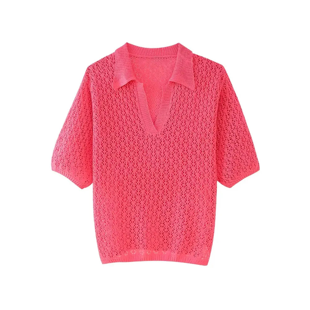 TRZA Women Fashion Pointelle Knit Loose Sweater Polo Collar Short Sleeve Female Pullovers Chic Tops