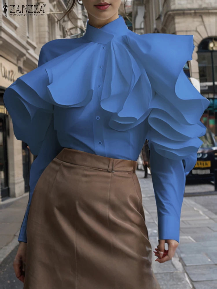 ZANZEA Elegant Office Blouse Women 2025 Fashion Ruffled Stitching Solid Shirts 3D Long Sleeve Tops Casual Loose Buttons Tunics