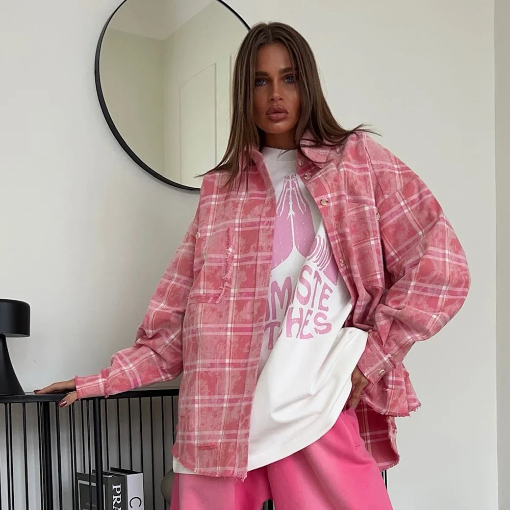 Retro Tie Dyed Cotton Checkered Shirt Spring and Summer Women's Street Syle Trend Y2K Loose School Cassual Pink Shirt Jacket