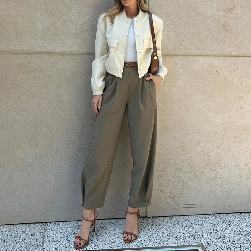 BAMBOOBOY Women Casual Office Lady Ankle Banded Pants Work Solid Color Tailored Draped Simple Ankle-Length Trousers with Pockets
