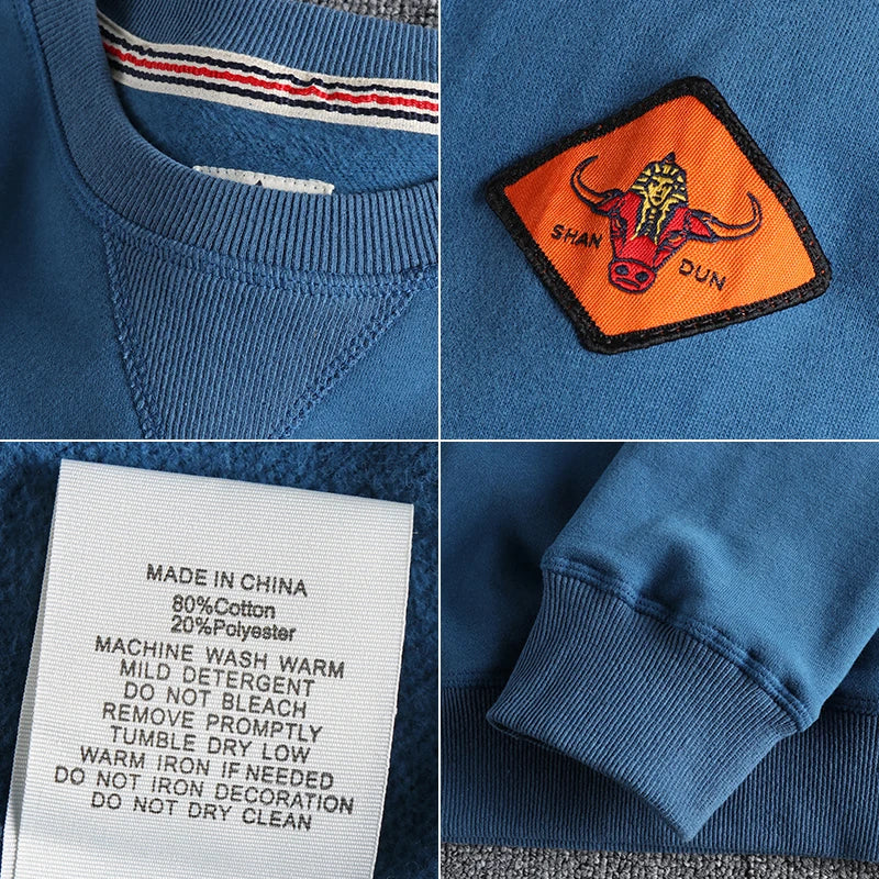Spring American Retro Sleeve Applique Badge Sweatshirts Men's Fashion 100% Cotton Washed Hoodies Casual High Quality Pullovers