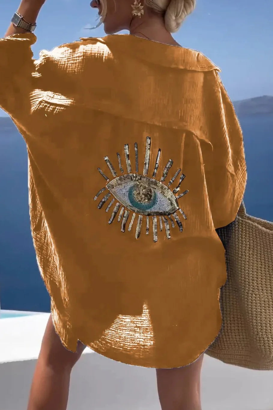 2025 Long Sleeve Loose Shirts Evil Eye Casual Sequin Beaded Shirt Spring Geometric Eye Top Turn-down Collar Button Long Blouse
