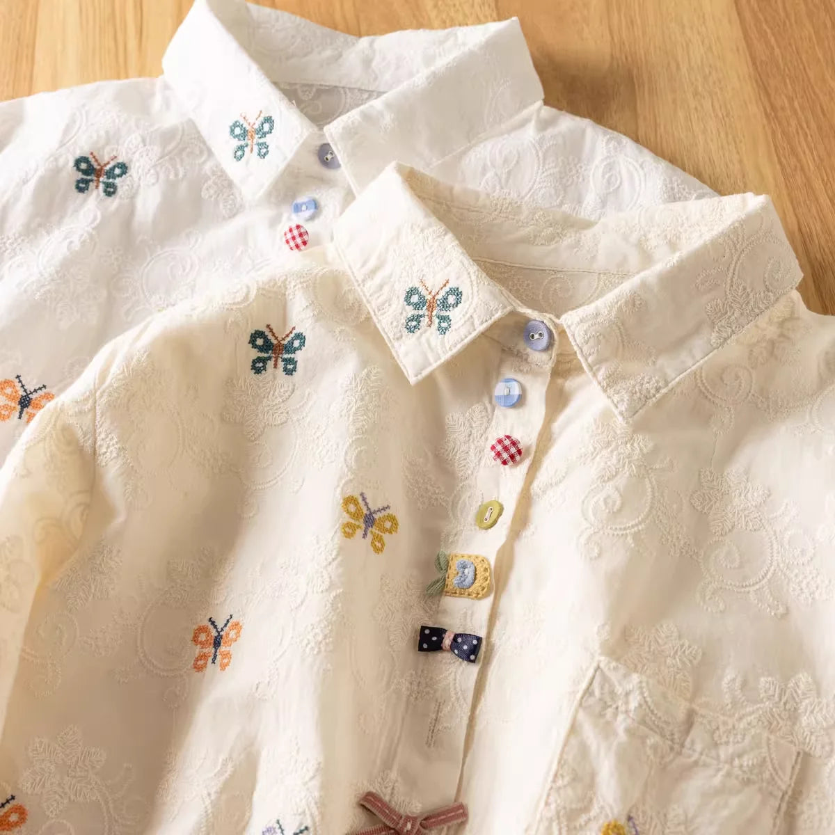 2025 Elegant women's shirt bohemian butterfly embroidery white beige shirts long sleeve blouses for women cotton tops