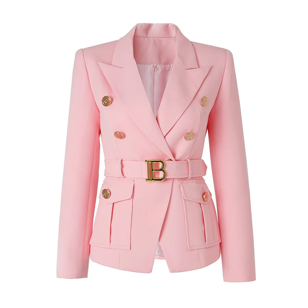 Amazing Design Workwear Office Lady Luxury OL Quality Pockets Blazer With Belt Baby Pink Formal Jacket For Women