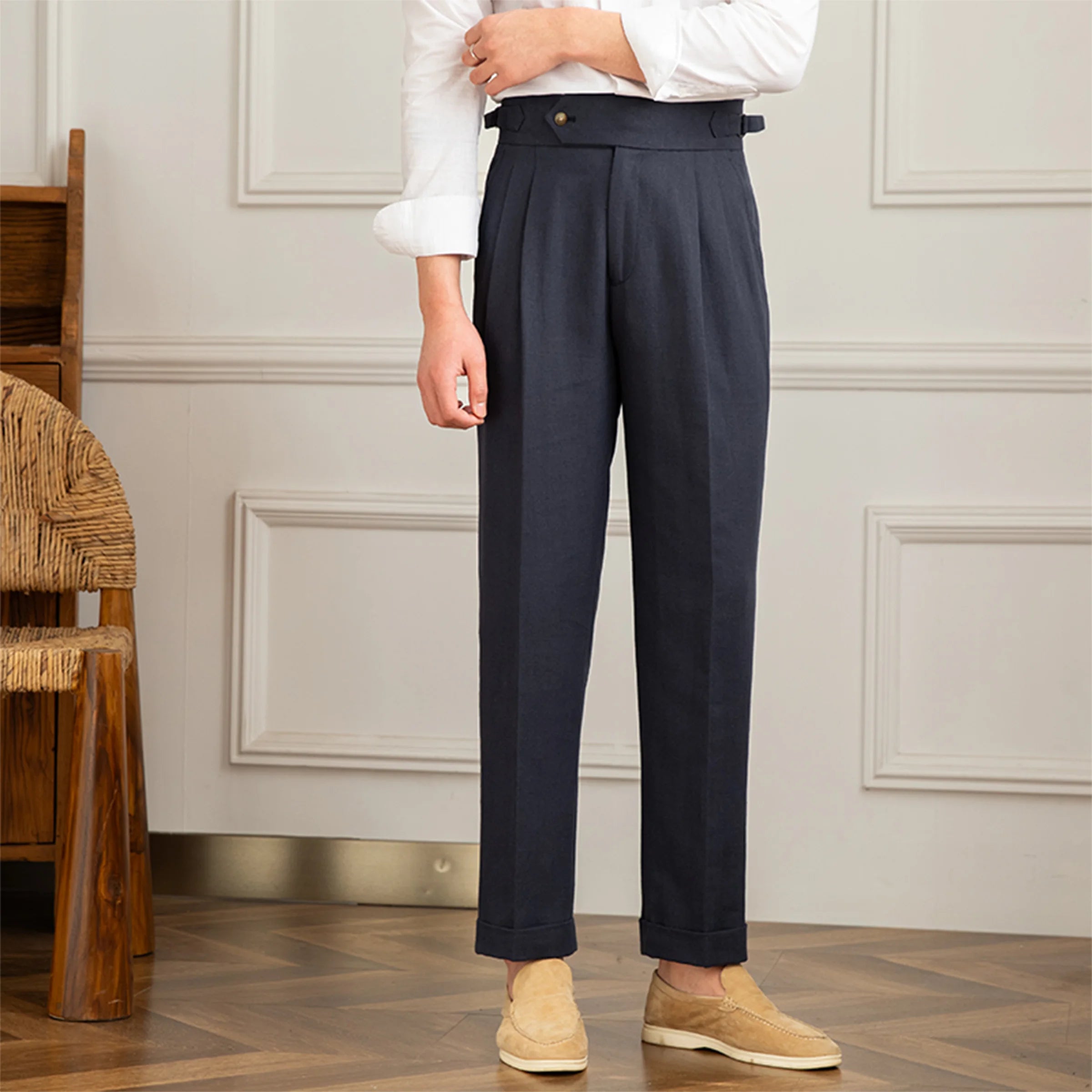 Three Gentleman Summer Naples Casual Straight Pants Men's Commuting Cotton and Linen Comfortable Breathable High Waist Pants
