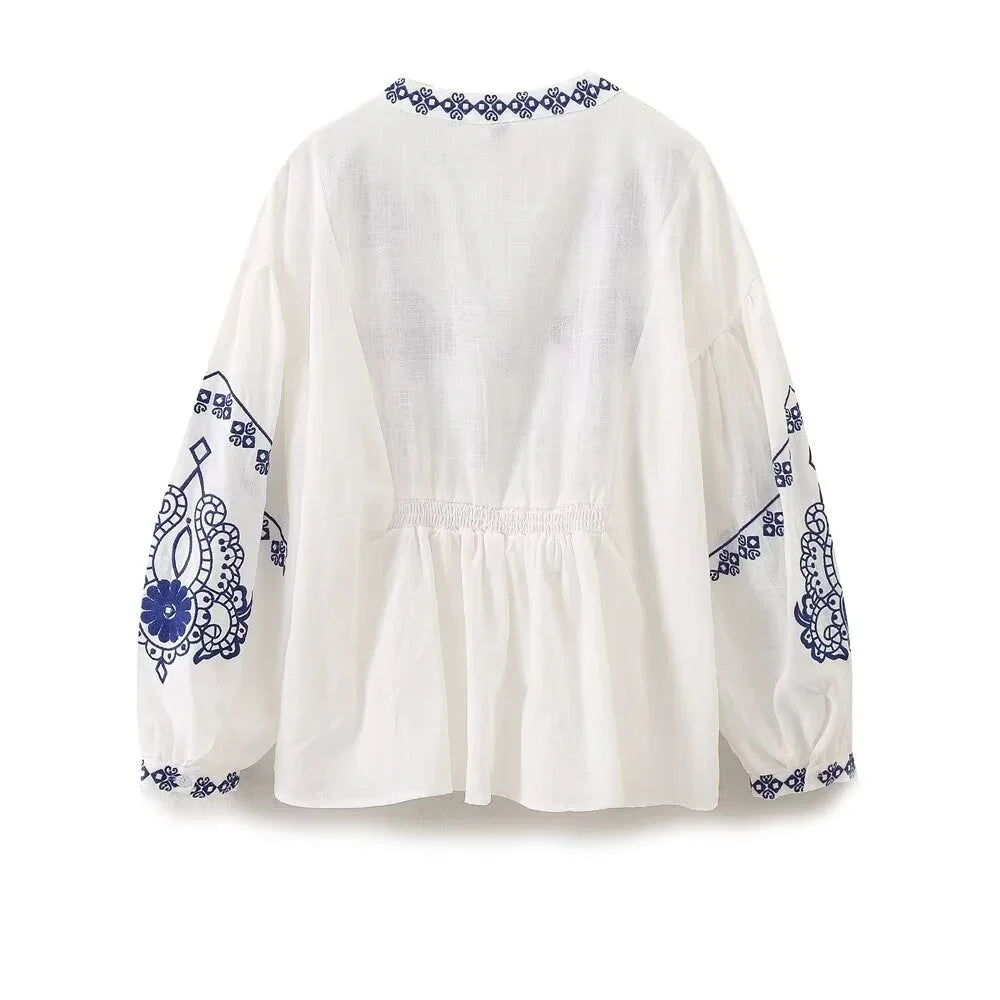 BWQ 2025 Summer New Women's Fashion Versatile Loose and Slim V-neck Beaded Embroidered Long sleeved Shirt