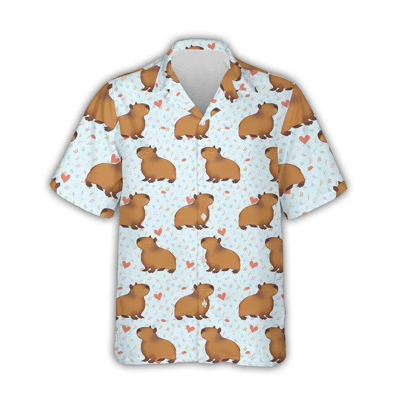 Kawaii Capybara Pattern Shirt Men's 3D Printed Hawaii Aloha Beach Men's Shirt Short Sleeve Cool Top Lapel Shirt