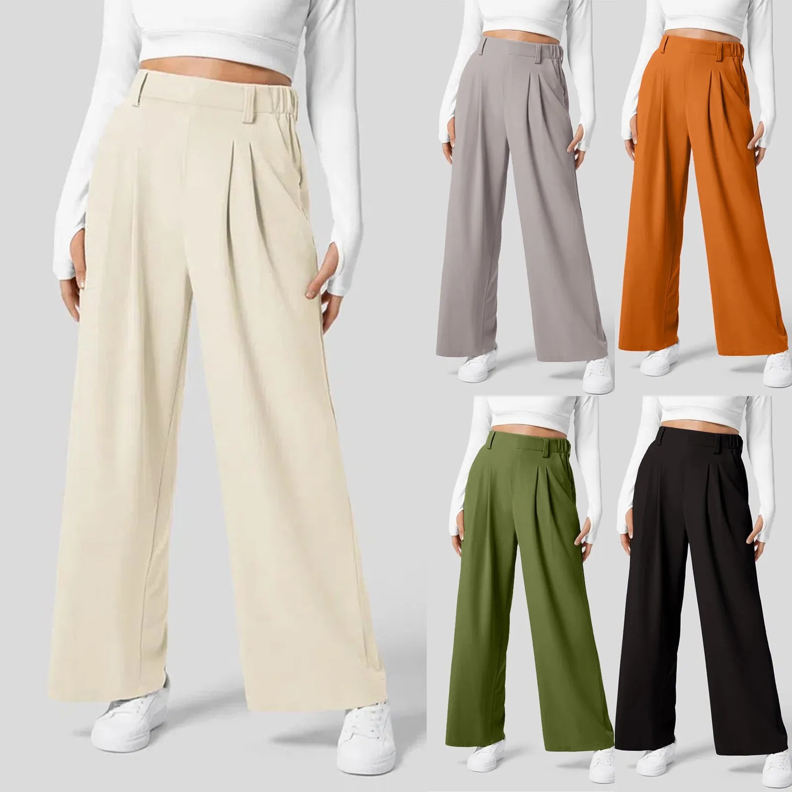 Women Fashion Wide Leg Pants Solid Elastic Pants Work Business Suit Straight Trousers Casual High Waisted Dress Palazzo Pants