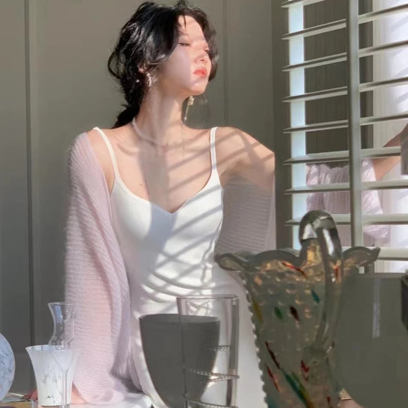 Mohair Knitted Cardigan Women Sun Protection Shirt Solid Color Lazy Style Top Sweet Long Sleeves Breathable Thin Style Summer