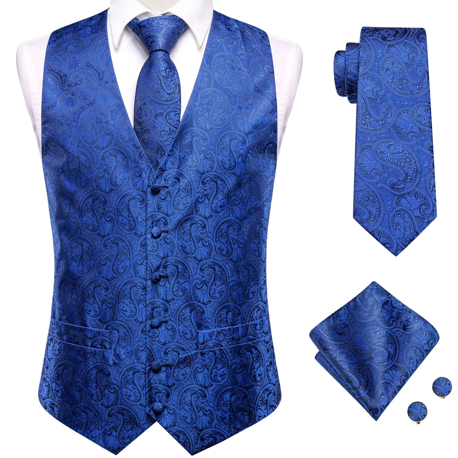 Hi-Tie Navy Blue Mens Vest Formal Silk Paisley Waistcoat Jacket Tie Handkerchief Cufflinks Set For Male Dress Suit Wedding Party