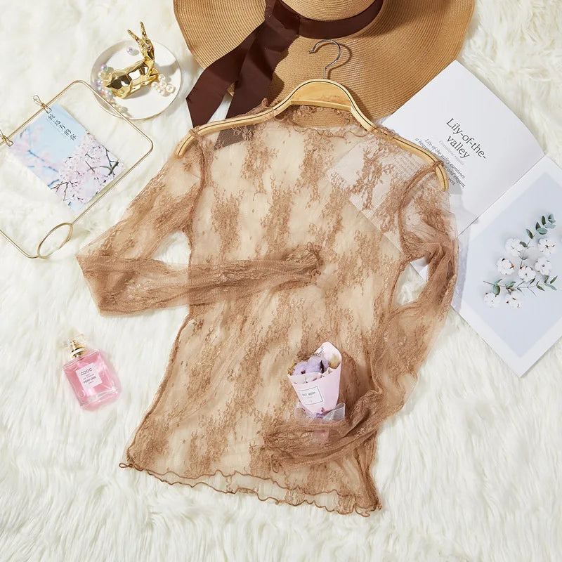 Women Thin See Through Lace Blouse Tops Sexy Lady Mesh Lace Patchwork Sunscreen Blouse Shirts LGHX-173