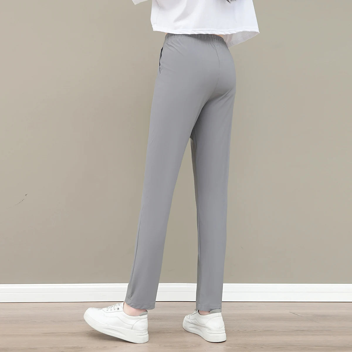 New Women'S Fashion Loose Summer Thin Ice Silk Pants Mom'S Casual High Waist Comfortable Versatile Sports 9-Point Trousers