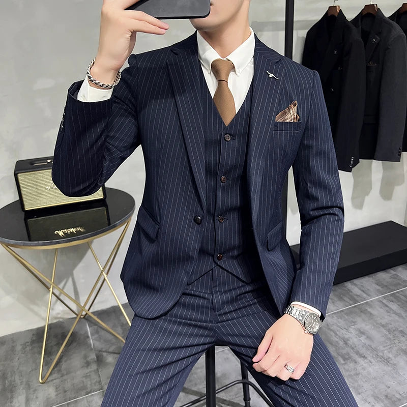 ( Blazer+Vest+Pants ) Groom Wedding Male Suit Luxury Brand Fashion Striped Men's Casual Business Office Double Breasted Suit